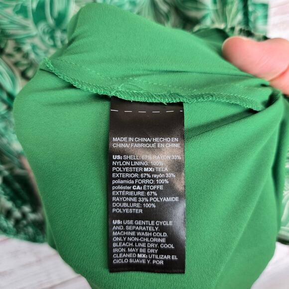 WHBM Silky Dress M Green Forest Fairy Floral Whimsy Pleated Ruched Lace up Neck - Picture 9 of 16